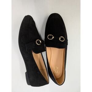 Black Suede Loafers Women Size 8.5 Gold Horsebit Slip-On Flats
